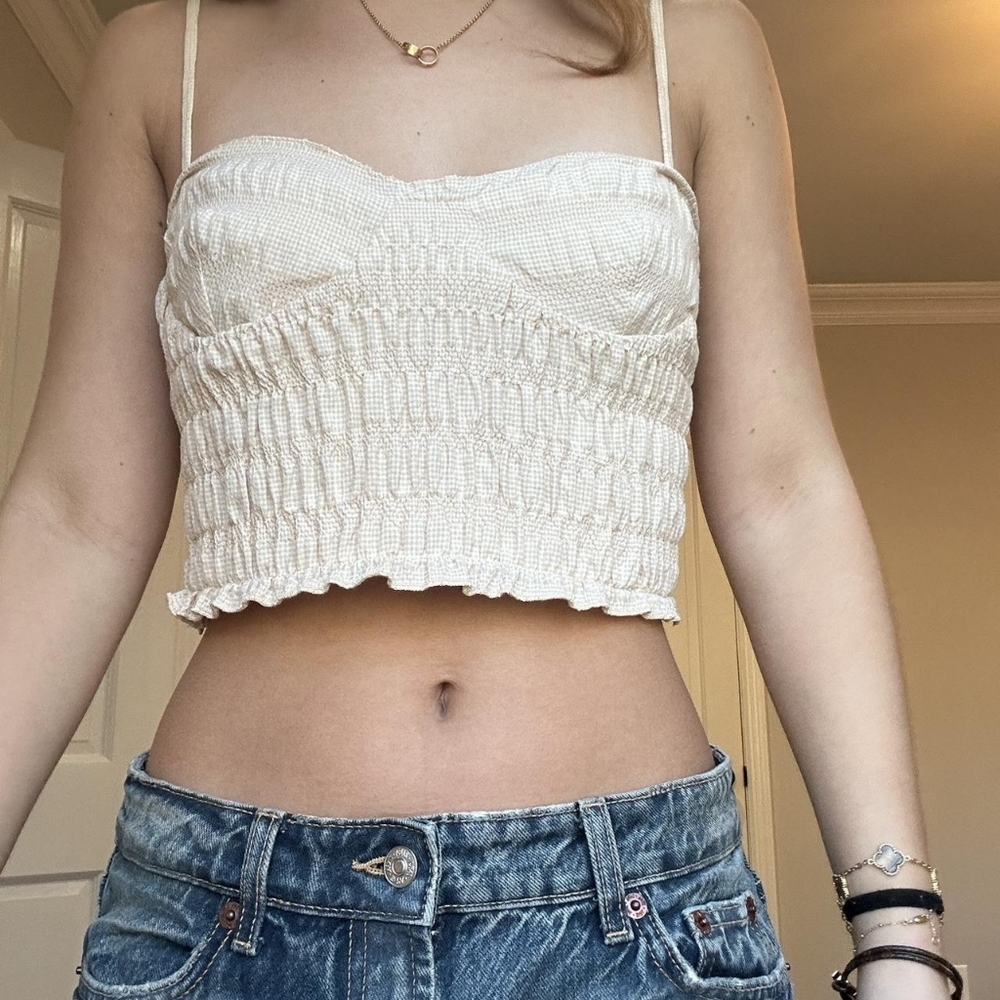 Zara Cream Smocked Cropped Cami Top